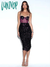 Lunivop Women Summer Runway Sexy Sleeveless Mesh Sequins Beige Purple Midi Dress High Street Club